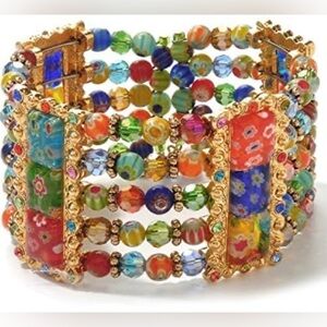 Sweet Romance Red and Blue Mosaic Cuff Bracelet Millefiore
